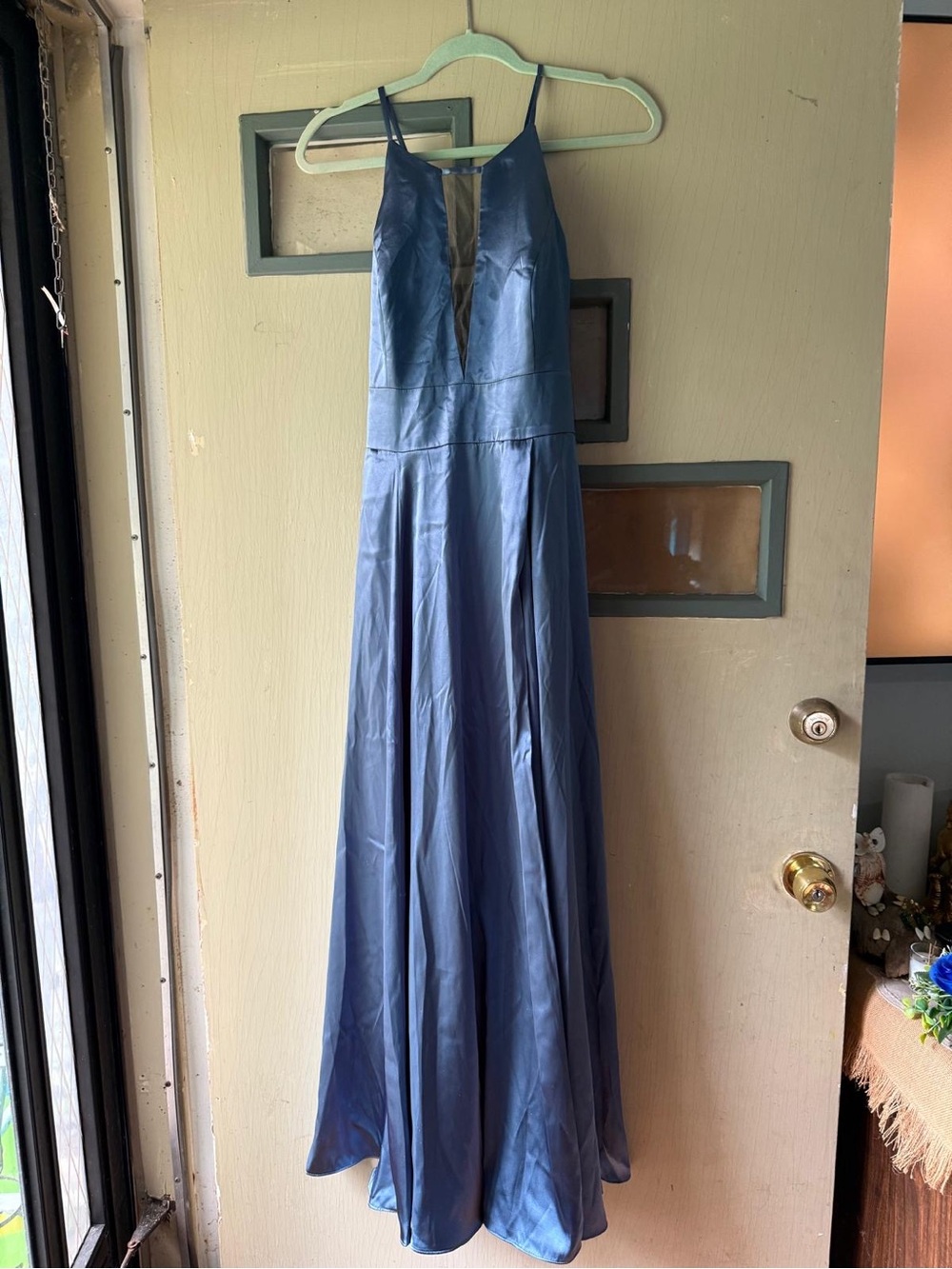 Signature Steel Blue Satin Plunge V Prom Gown